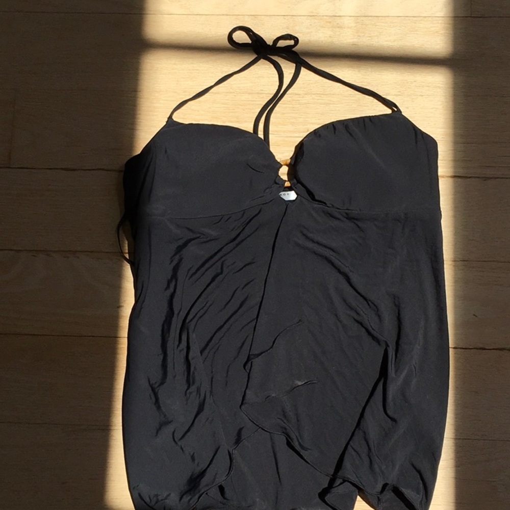 Flowy black Alexia Admor halter top with tie neck, chest embellishment